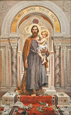 a painting of jesus holding a child in his arms and standing on a red carpet