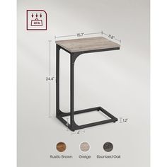 the side table is shown with measurements for each section and features a square wooden top