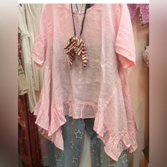 Sheer Soft Pink Linen Tunic With Drop Shoulder And Ruffle Edged Hem All The Way Around. Pit To Pit 25.5” Shoulder To Hem 26” Tag On Never Worn. Red Stripes Top, Bow Tie Top, White Crochet Top, Teal Blouse, Recycled Clothing, Tunic Style Tops, Linen Tunic, One Clothing, Sewing Lessons