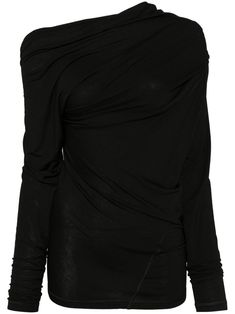 black soft jersey stretch-design draped design asymmetric neck long sleeves straight hem This item contains at least 50% materials which are certified or widely recognised as having a lower environmental impact through production and/or manufacturing processes that reduce water consumption and the use of harmful chemicals, or re-use by-products of the production process. Learn more about what makes a product Conscious on our Conscious Criteria page Draped Tops For Night Out In Fall, Draped Tops For Fall Night Out, Black Stretch Draped Top, Black Draped Stretch Top, Black Draped Tops For Fall, Modern Long Sleeve Top For Evening, Black Cowl Neck Top For Evening, Modern Long Sleeve Evening Top, Fitted Cowl Neck Sleek Top