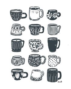 coffee mugs are drawn in black and white