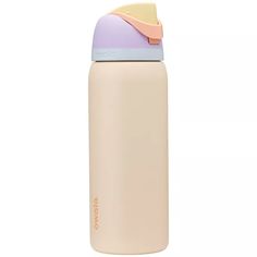 thermos insulated water bottle in pastel pink and lavender with a yellow lid