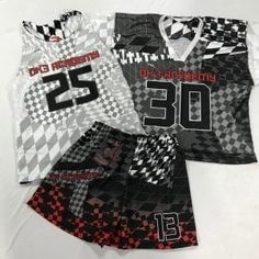 four different sports jerseys with numbers on them