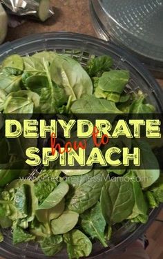 spinach leaves in a blender with the words, dehydrate and spinach