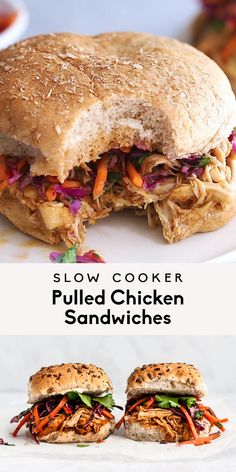 this slow cooker pulled chicken sandwich is delicious and easy to make it's loaded with shredded vegetables