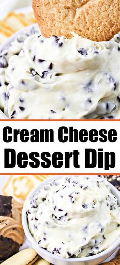 cream cheese dessert dip with cookies and crackers in the background