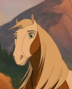 a horse with long blonde hair standing in front of a mountain and looking into the distance