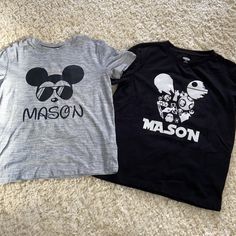 Boys Mason Disney Shirts. Old Navy Boys Size 8 Shirts. One Cotton T-Shirt And One Active. Bought But Never Used, Trip Was Canceled. New Condition! Perfect For A Disney Trip. Mickey Sunglasses Decal With Name And Star Wars Mickey Decal. Disney Shirts Boys, Boys Disney Shirts, Boy Disney Shirts, Star Wars Mickey, Disney World Vacation Planning, Navy Boys, Disney World Shirts, Vacation Planning, Old Navy Shirts