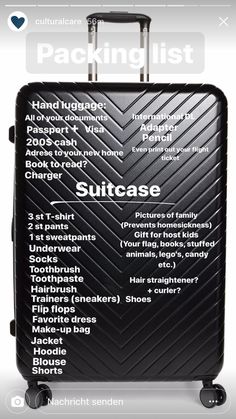 the suitcase is black with white writing on it and features information for each item in its package