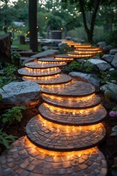 lighted stepping stones in the middle of a garden