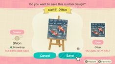 an animal crossing game with the caption do you want to save this custom design?