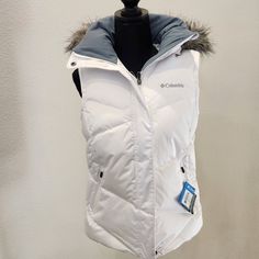 Columbia Women's White Hooded Vest - Size S/P *Omni-Heat Infinity Advanced Thermal Reflective. *Thermarator Down Insulation *Water Resistant Fabric Faux Fur Trim Hood - Removeable With Zip. White Fitted Outerwear For Outdoor Activities, Fitted White Outerwear For Outdoor, White Fitted Outdoor Outerwear, Fitted White Outerwear For Cold Weather, Navy Blue Vest, Columbia Vest, Red Vest, Womens Windbreaker, Blue Vests