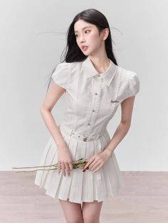 ❤︎Fragile Stole Amylk Moose College Shirt Dress❤︎ Milk Mousse, College Shirt, Plain White Shirt, Pleated Shirt Dress, Pleated Shirt, White Shirt Dress, Classic Shirt, Puff Sleeves, Fashion Games