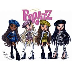 three cartoon girls wearing hats and dresses with the word bratz written on top of them