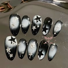 Horse Nails, Nails Jelly, Star Y2k, Black White Nails, Y2k Star, Custom Press On Nails, Stylish Nails Designs, Cute Gel Nails