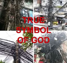 four different pictures with the words true symbol of god in red and black letters on them