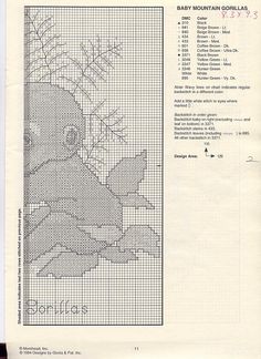 a cross - stitch pattern for a baby mountain gorilla in the wild, with information about its surroundings