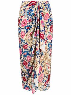 cream/multicolour silk all-over floral print pinched detailing high waist high-low hem Floral Print Midi Skirt, Printed Skirt, Printed Midi Skirt, Velvet Tops, High End Fashion, High Low Hem, Isabel Marant, Formal Wear, Work Outfit