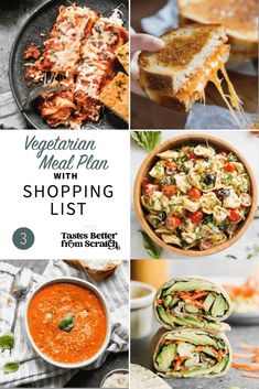 the vegetarian meal plan with shopping list is shown in four different pictures, including grilled sandwiches and soups