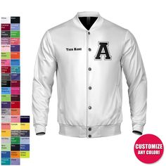 ★ BESTSELLING ADULT UNISEX VARSITY JACKETS! **All Custom designs, colors and  text on all sides** Direct to garment premium design (non-embroidered) *Popular great coat gift for the entire family! *Celebration Factory celebrates precious family moments and live events.★ SECURED SHIPPING! ★HOW TO ORDER★ 1- Front letter Initial: 2- Front text: 3- Back text: 4- Sleeve color: 5- Front/Back color: Contact us below with any image or custom design request! We do the rest! We send you a preview. -Great gift for the entire family! -These custom jackets are soft and feel great! ★ CUSTOM LETTERMAN JACKET | Enjoy this awesome varsity jacket and bring a smile to everyone you care about! Thanks in advance for your support. ❤️ ★Sizing★ Men- XS S  M  L  XL  2XL 3XL 4XL 5XL *Plus size model available ★Spec White Baseball Collar Outerwear For Sports Events, White Baseball Collar Outerwear For College, Vintage White College Outerwear, Vintage White Outerwear For College, White Varsity Crew Neck Outerwear, White Varsity Outerwear With Crew Neck, Vintage White Varsity Jacket For College, White Long Sleeve Varsity Jacket For Sports Events, White Track Jacket With Baseball Collar For Sports