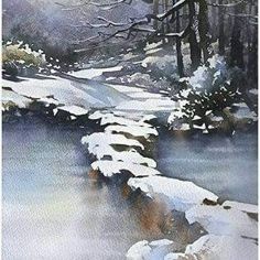 a watercolor painting of a snowy stream