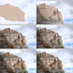 multiple images of rocks and trees in the sky with clouds above them, including an image of a rock formation