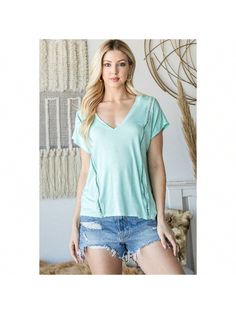 Multicolor  Collar     Embellished Chic Stretch V-neck Top With Short Sleeves, Summer V-neck Stretch Short Sleeve Top, Summer Stretch V-neck Short Sleeve Top, Stretch V-neck Short Sleeve Top For Summer, V-neck Stretch Short Sleeve Top For Summer, Trendy Short Sleeve V-neck Top For Summer, Trendy V-neck Short Sleeve Top For Summer, Solid Color Short Sleeve V-neck Top For Spring, Trendy Short Sleeve V-neck Top