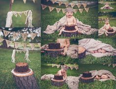 a collage of photos shows a baby sitting on a tree stump with a cake