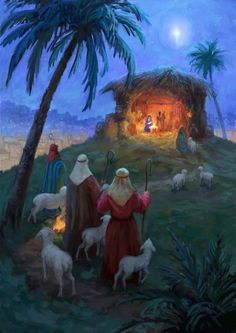 the nativity scene is depicted with palm trees and sheep in front of an open manger