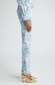 A pretty paisley print lends signature flourish to a pair of skinny jeans done in stretch-enhanced denim for maximum comfort. 34" inseam; 14" leg opening; 9" front rise; 15" back rise (size 29) Zip fly with button closure Five-pocket style 97% cotton, 3% elastane Machine wash, line dry Made in Italy Designer Clothing Fitted Bottoms With Paisley Print For Spring, Fitted Paisley Print Bottoms For Spring, Fitted Floral Print Straight Leg Bottoms, Fitted Floral Print Straight-leg Bottoms, Mid-rise Fitted Floral Print Pants, Fitted Paisley Print Pants For Spring, Fitted Paisley Print Spring Pants, Mid-rise Fitted Floral Print Bottoms, Fitted Mid-rise Bottoms With Floral Print