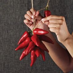 a person holding up some red peppers on a string with twine and strings attached to them