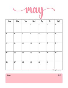 a calendar with the word may in pink and white on it's front page