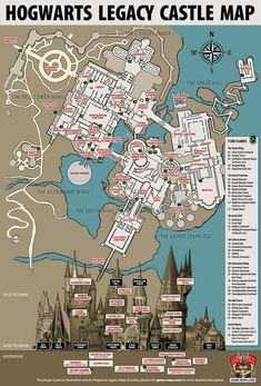 the hogwarts map is shown in black and white, with red lettering on it