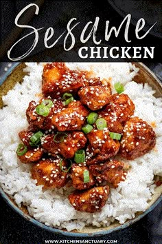 sesame chicken with white rice in a bowl