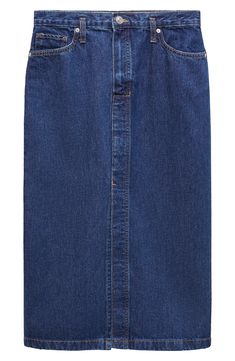 A front slit lets you stride smoothly through your day in this nonstretch-denim skirt cut to an on-trend midi length. Zip fly with button closure Five-pocket style 100% cotton Machine wash, line dry Imported Zara Flats, Strappy Sandals Flat, Denim Midi Skirt, White Tank, 50's Dress, Knit Tanks, 50 Fashion, Who What Wear, Fashion Item