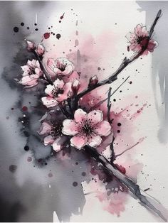 watercolor painting of pink flowers on a branch with black and white paint splatters