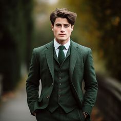 Semi-formal Tweed Suit With Suit Collar, Formal Tailored Green Tweed Jacket, Winter Formal Tweed Three-piece Suit, Tailored Suit For Groom In Fall, Tailored Fall Groom Suit, Tailored Fall Suits For Groom, Semi-formal Green Wool Tweed Jacket, Green Tweed Jacket With Notch Lapel For Formal Occasions, Elegant Green Tweed Jacket For Business