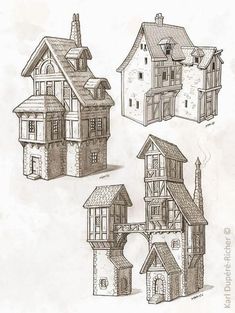 three different types of houses are shown in this drawing