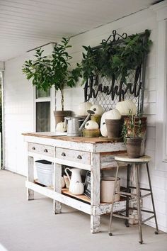 a kitchen island with potted plants on it