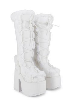 Demonia Camel-311 Faux Fur Knee High Platform Boots - White – Dolls Kill White Platform Boots, High Platform Boots, Demonia Boots, Fluffy Boots, Knee High Platform Boots, Dolls Kill Shoes, Demonia Shoes, Dr Shoes, Cute Shoes Heels