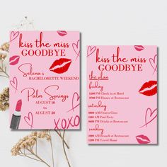 two valentine's day party cards with lipstick on them and the words kiss the miss goodbye