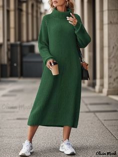 Olivia Mark - Womens Knee-Length Knitted Turtleneck Dress - Loose-fit, Casual, Sweater Dress with Overcoat Casual Turtleneck, Long Knitted Dress, Long Sweater Dress, Warm Dresses, Long Sleeve Knit Dress, Ribbed Knit Sweater, Knit Sweater Dress, Outfit Casual, Casual Look