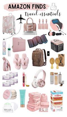 the ultimate travel essentials for women in pink and white with text that reads amazon finds travel essentials