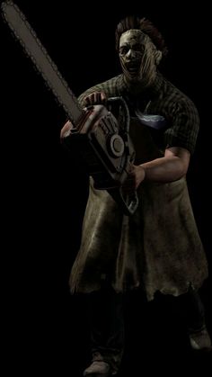 a creepy person holding a chainsaw in the dark