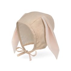 a pink bunny hat with ears on the front and back, tied at the top