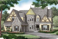 this is an artist's rendering of the front elevation of these tudor - style home plans