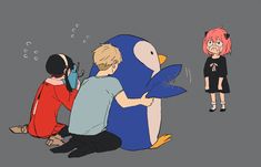 two people sitting on the ground next to a penguin and another person with headphones