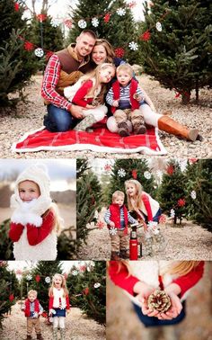 a family posing for christmas pictures in the woods