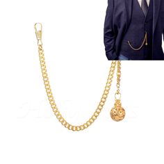 A Gold-colored pocket chain with a charm by the pocket is an elegant accessory that adds sophistication to every outfit. With different lengths (from 8 to 18 inches), the chain can be adjusted to individual needs. It will be a perfect choice for a suit, blazer, or pants with a classic background. Its universal character makes it a great gift for everyone - men and women. Regardless of the occasion - birthdays, name days, or holidays - it will definitely please every recipient. T-Bar measure: 30m Elegant Gold Metal Pocket Watch, Gold Metal Pocket Watch With Chain, Gold Pocket Watch With Chain For Formal Occasions, Blake Lively Outfits, Classic Background, Gold Suit, Pocket Chain, Pocket Watch Chain, Suit Pant