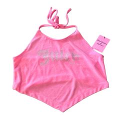 Brand New With Tag Juicy Couture Halter Top With Rhinestones Size Large Junior’s Summer Pink Tops With Rhinestones, Graphic Crop Top, Ruffle Crop Top, Cute Nike Shoes, Bralette Crop Top, Cap Sleeve Top, Blue Crop Tops, Pink Crop Top, Couture Tops